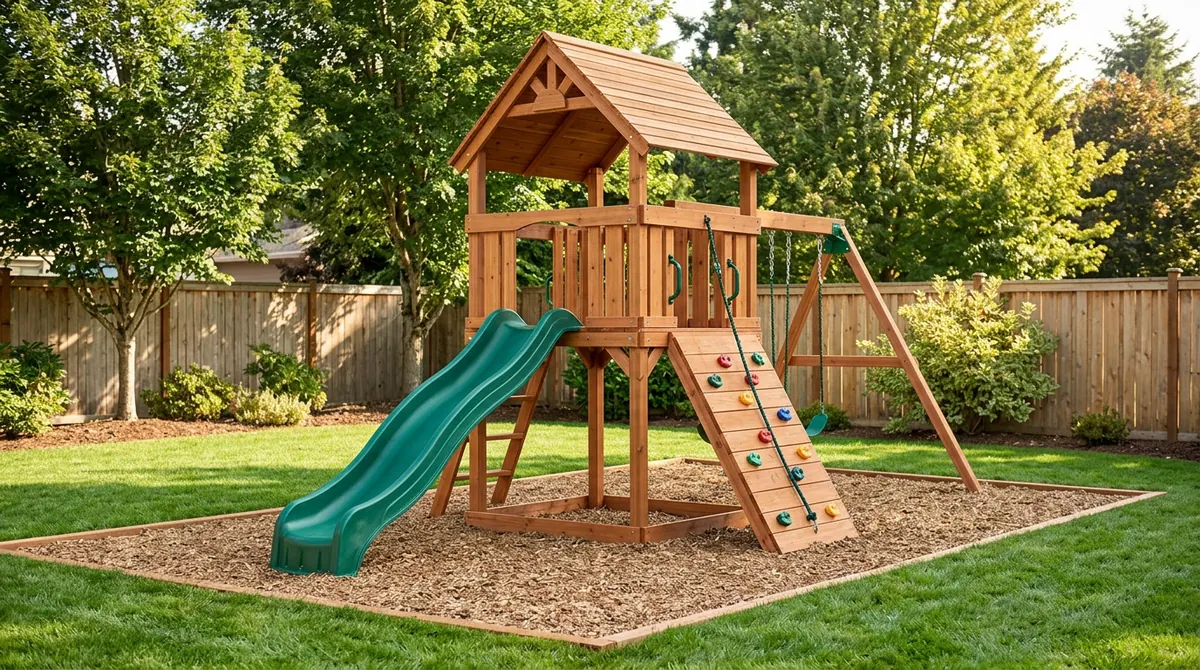 A cedar backyard playset with a fort, a slide and a small climbing wall on a neat lawn, bright daylight