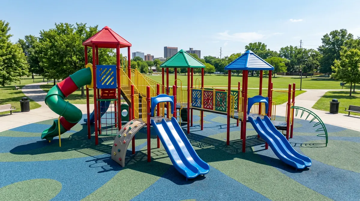 A colorful commercial steel and plastic play structure with tube slides and climbers on rubber surfacing at a city park, sunny day, empty