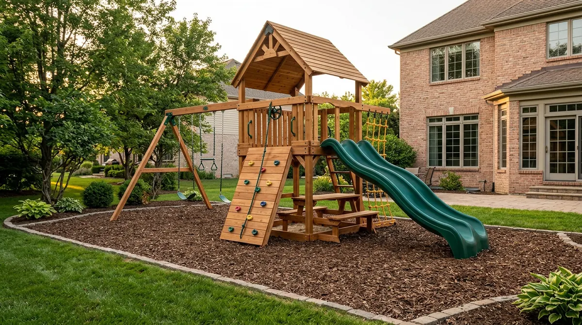 A premium wooden backyard swing set complex with a roof, a wave slide and swings on a landscaped mulch bed beside a brick home, soft evening light