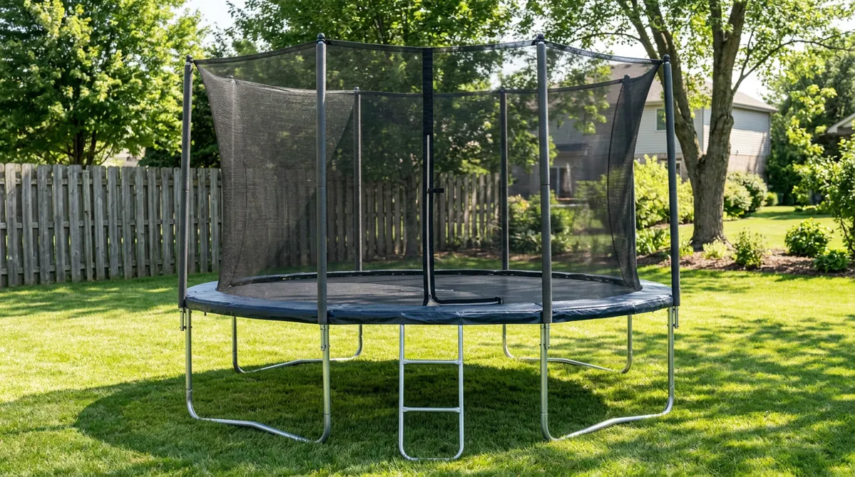 A backyard trampoline with a black net enclosure and a sturdy galvanized frame on a flat lawn, bright afternoon light