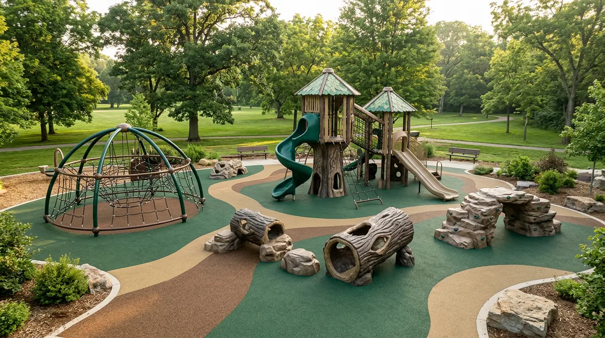 Nature-Inspired Commercial Playground | Music City Playgrounds A nature-inspired commercial playground with sculpted climbers, a dome, slides and rubber surfacing in a green park setting, soft light, empty