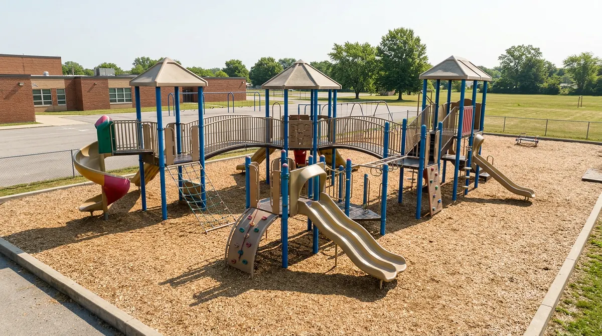 Commercial Play Systems at a School | Music City Playgrounds A large commercial play system with bridges, climbers and slides at an elementary school playground, bright light, empty