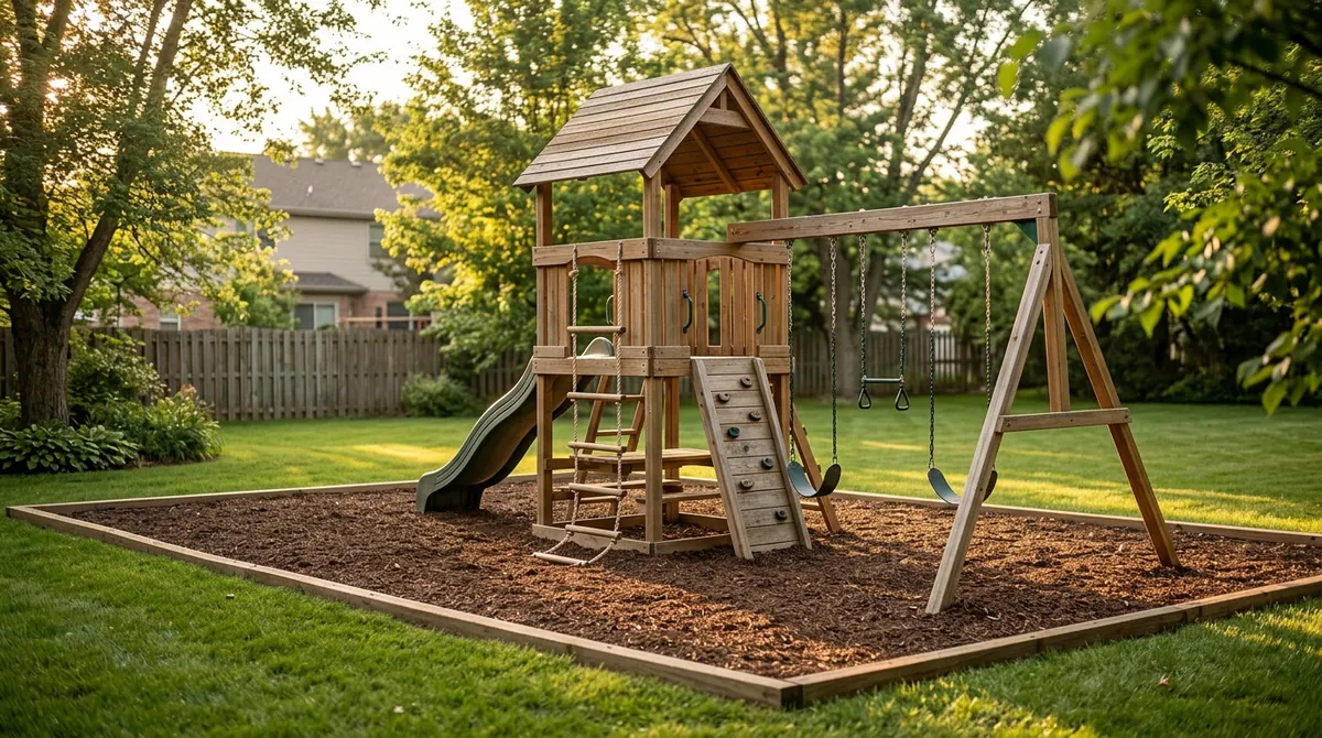 A classic wooden play system with a turret, a rope ladder and swings on a clean mulch bed in a suburban yard, golden light