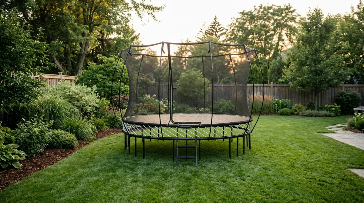A modern round trampoline with a flexible rod-free safety enclosure in a landscaped yard, soft evening light, crisp detail