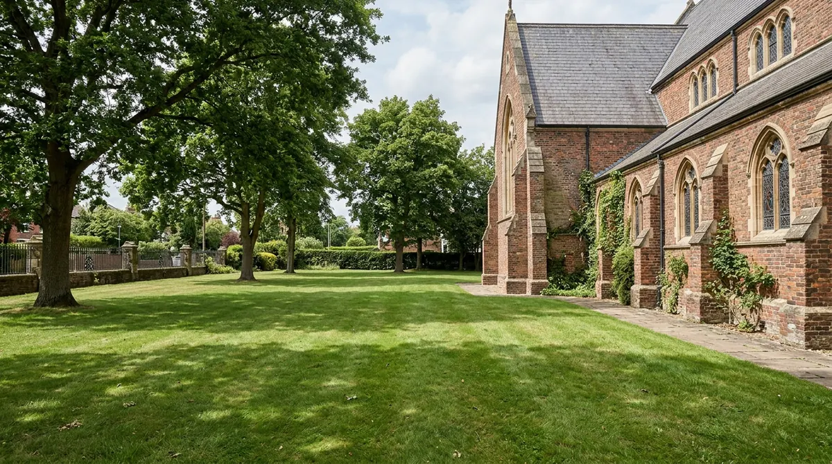 Before: Empty Church Lawn | Music City Playgrounds Before: An empty church side lawn beside a brick building with a few trees