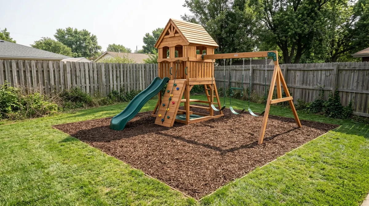 After: The same backyard and fence with a beautiful custom cedar playset with a fort, slide, swings and rock wall on a fresh mulch bed, bright daylight