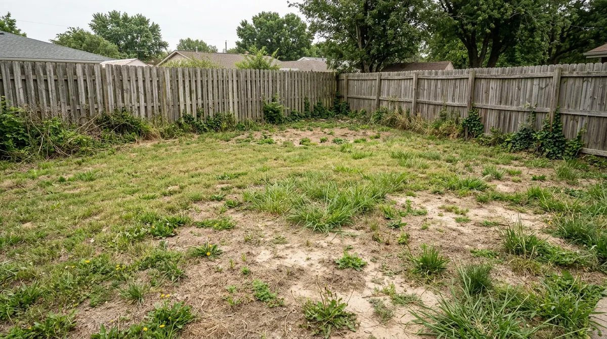 Before: A bare, plain backyard with patchy grass and a wooden fence and nothing in the middle but a few weeds