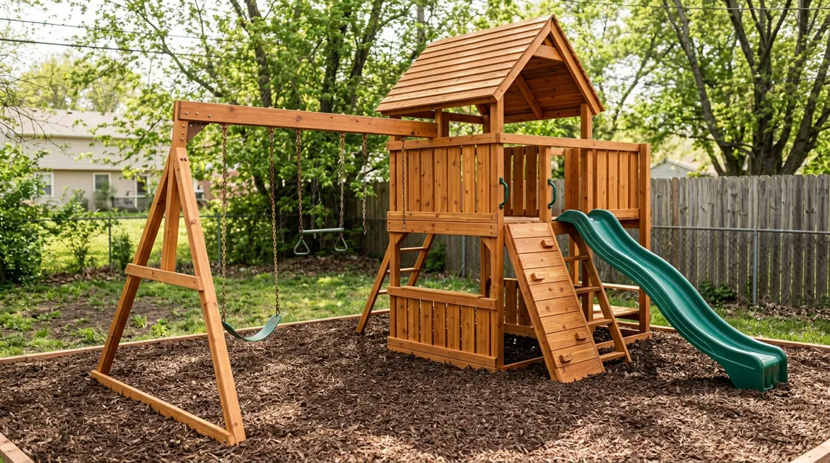 After: The same playset and yard restored with fresh cedar boards, a new roof, rich new stain, new swings and fresh mulch beneath, bright daylight