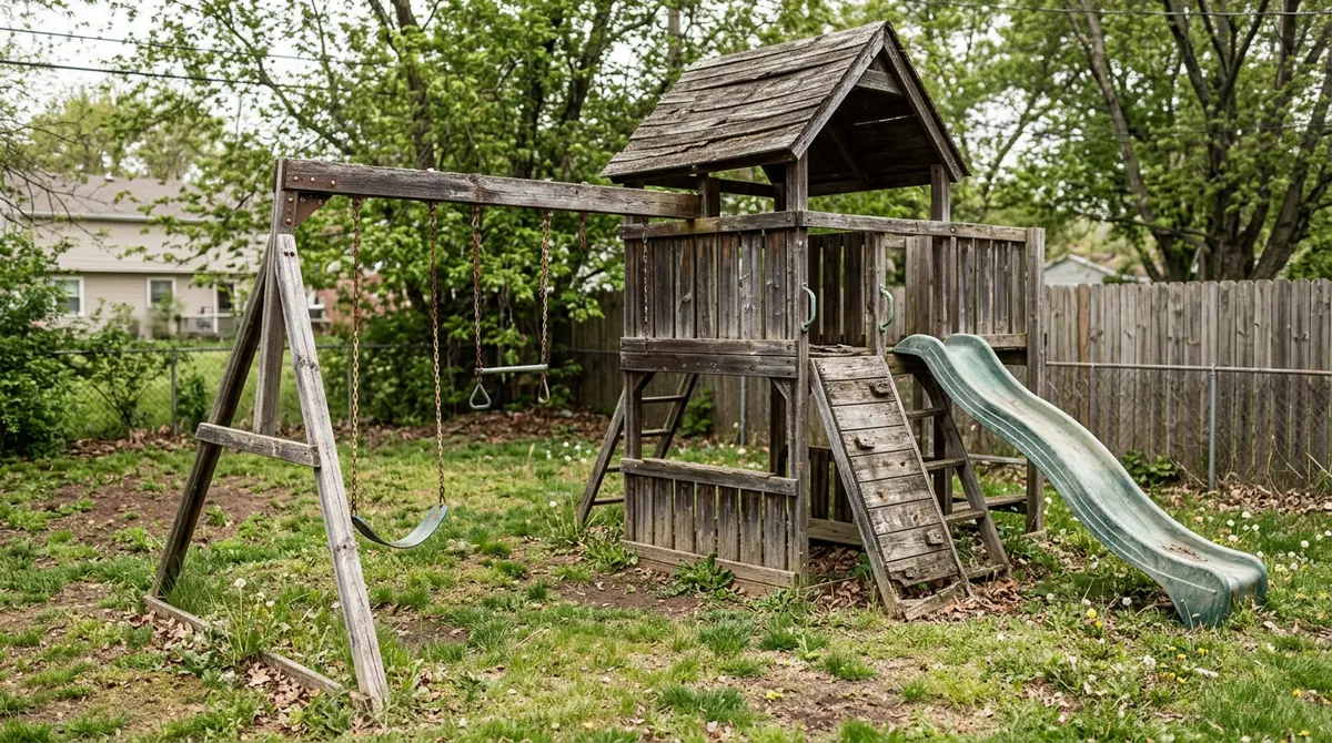 Before: An old gray weathered wooden playset with faded boards, a sagging roof and peeling stain in a yard with patchy grass