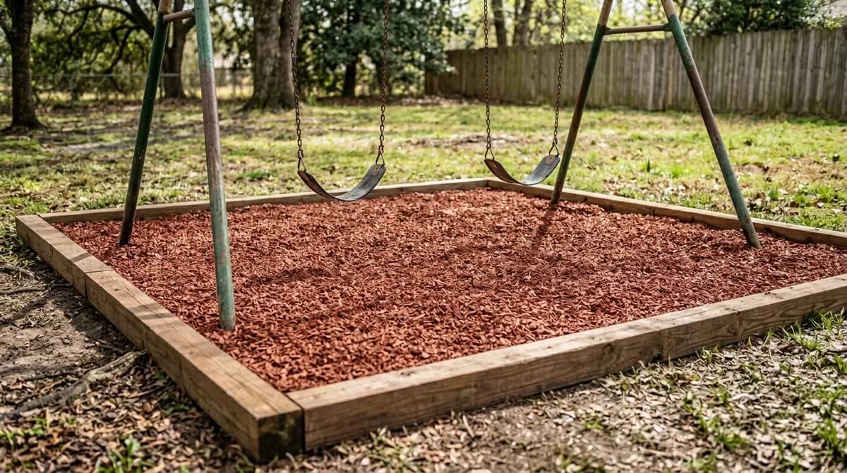 After: The same swing set with a neat timber border and fresh red rubber mulch spread evenly beneath it, clean and tidy, bright daylight