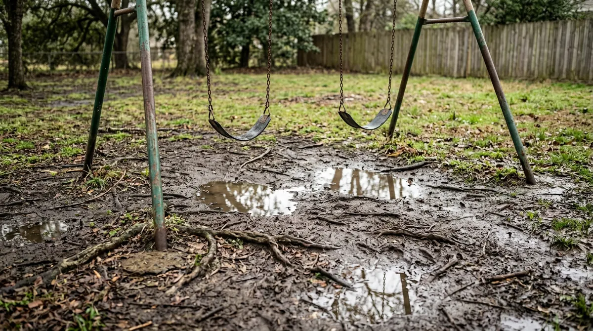 Before: A worn, muddy bare dirt patch under a small swing set with puddles and exposed roots