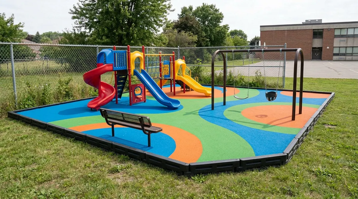 After: The same corner with a colorful commercial play structure, swings, bright rubber surfacing and a bench inside a neat border, bright daylight