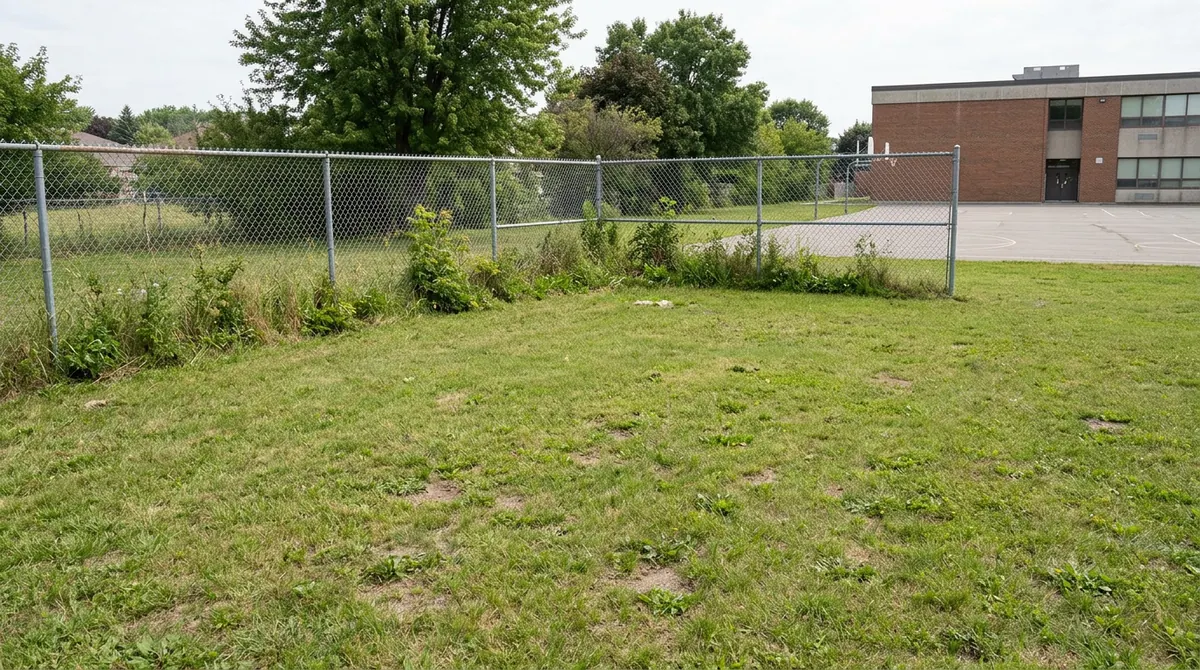 Before: An empty flat grass corner of a school lot beside a chain-link fence with nothing built on it