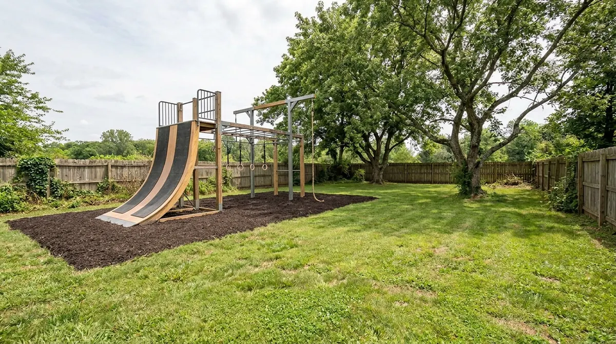 After: The same backyard with a ninja warrior obstacle course with a warped wall, hanging rings, monkey bars and ropes over mulch, bright daylight
