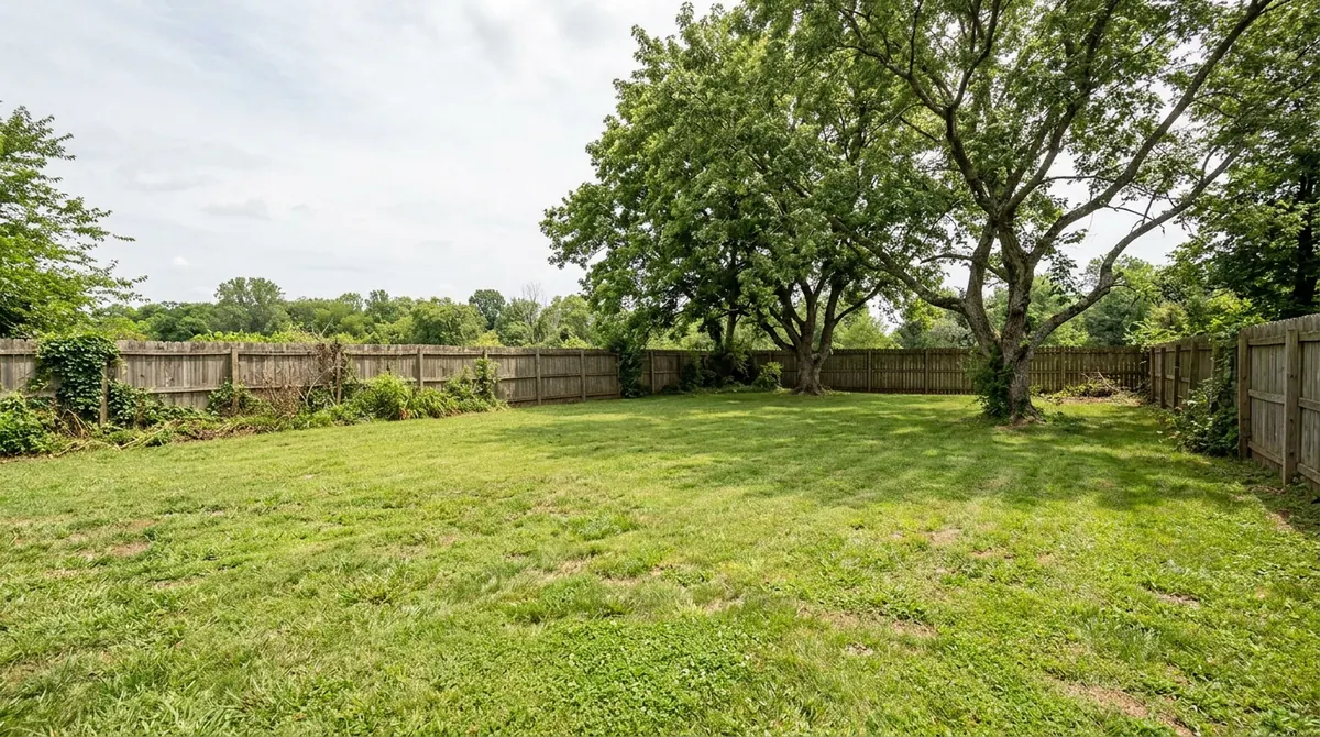 Before: A plain open backyard lawn with a wooden fence and a couple of trees, nothing built