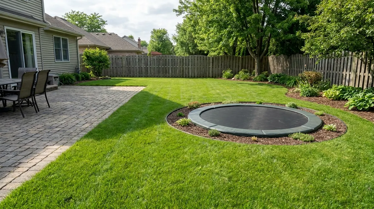 After: an In-Ground Trampoline | Music City Playgrounds After: The same lawn with an in-ground trampoline set flush with the grass, neat edging and landscaping around it, evening light
