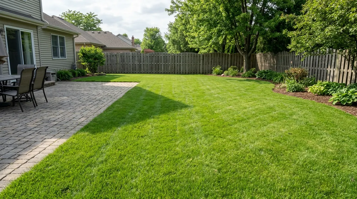 Before: Flat Lawn | Music City Playgrounds Before: A flat green suburban lawn beside a patio with nothing in the middle
