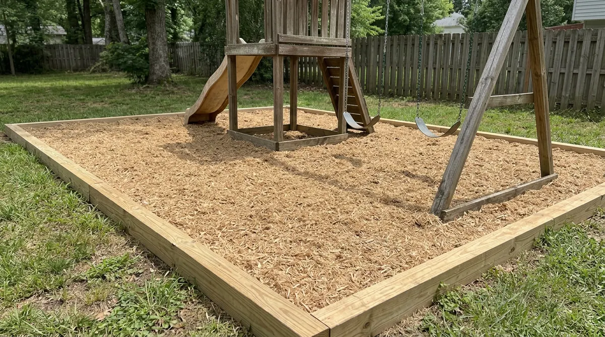 After: Fresh Engineered Wood Fiber | Music City Playgrounds After: The same playset with a deep fresh bed of engineered wood fiber and a neat new timber border, bright daylight