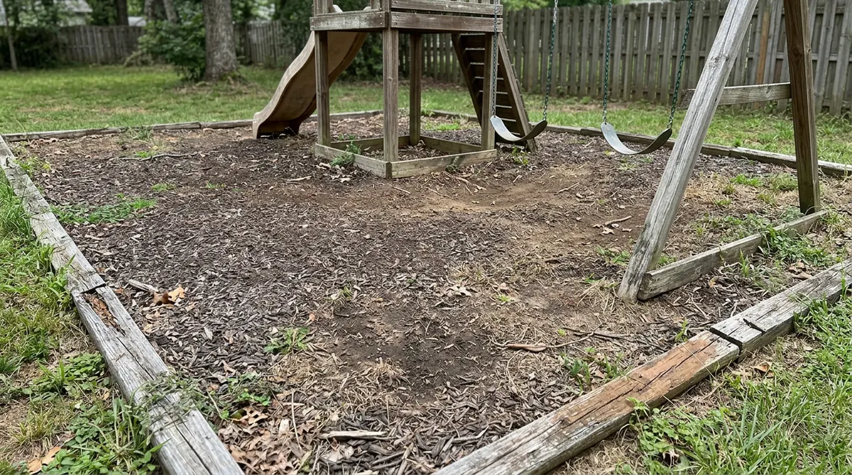 Before: Worn Mulch | Music City Playgrounds Before: A thin, patchy, worn mulch bed under a playset with bare dirt showing and a weathered border