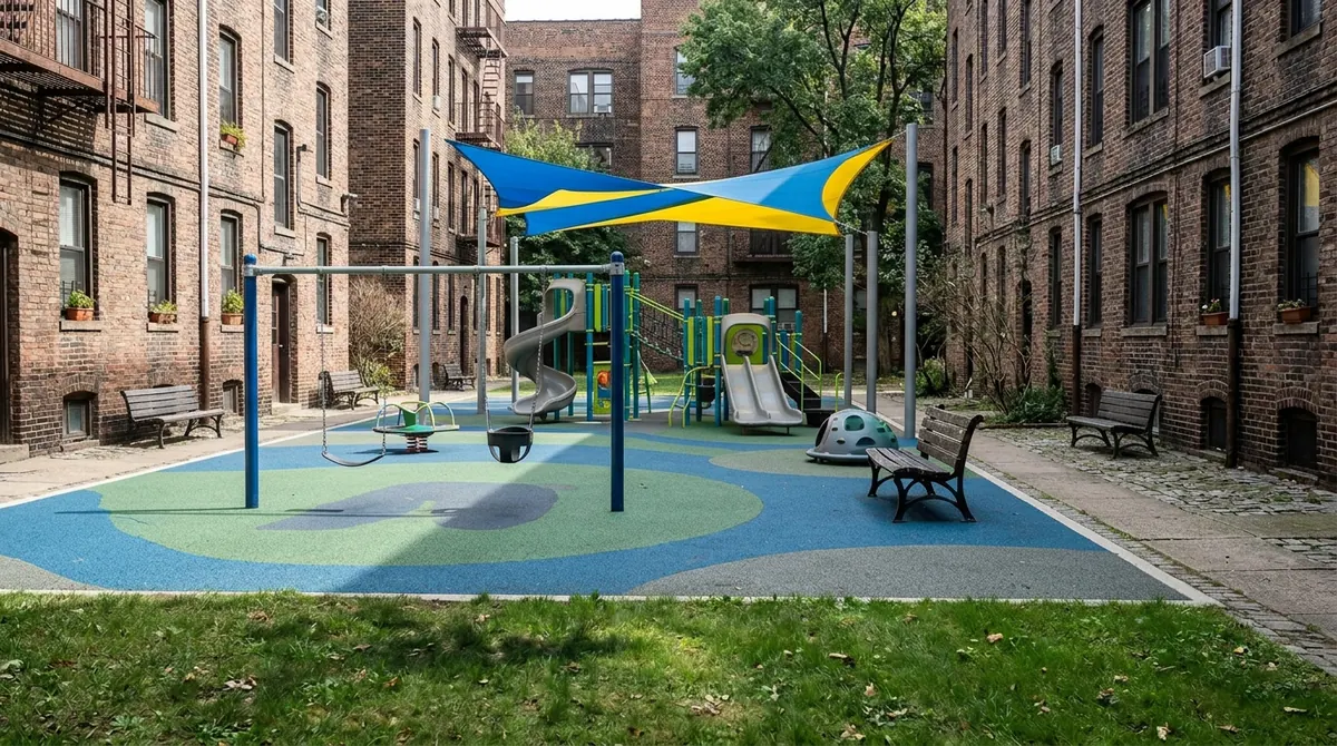 After: a Community Playground | Music City Playgrounds After: The same courtyard with a commercial playground with a play structure, swings, rubber surfacing, a shade sail and benches, bright light