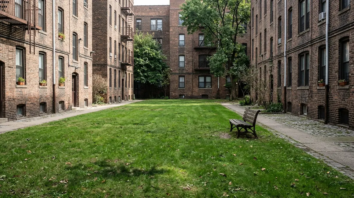 Before: Open Courtyard | Music City Playgrounds Before: An open, empty courtyard lawn between brick apartment buildings with only a bench