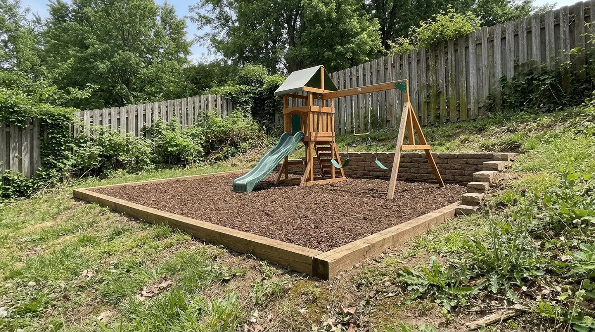 After: The same yard with a graded, level play pad edged in timber, a playset on fresh mulch and a small retaining wall, bright daylight