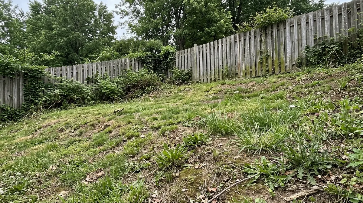 Before: A sloped backyard with uneven ground, tufts of weeds and a wooden fence