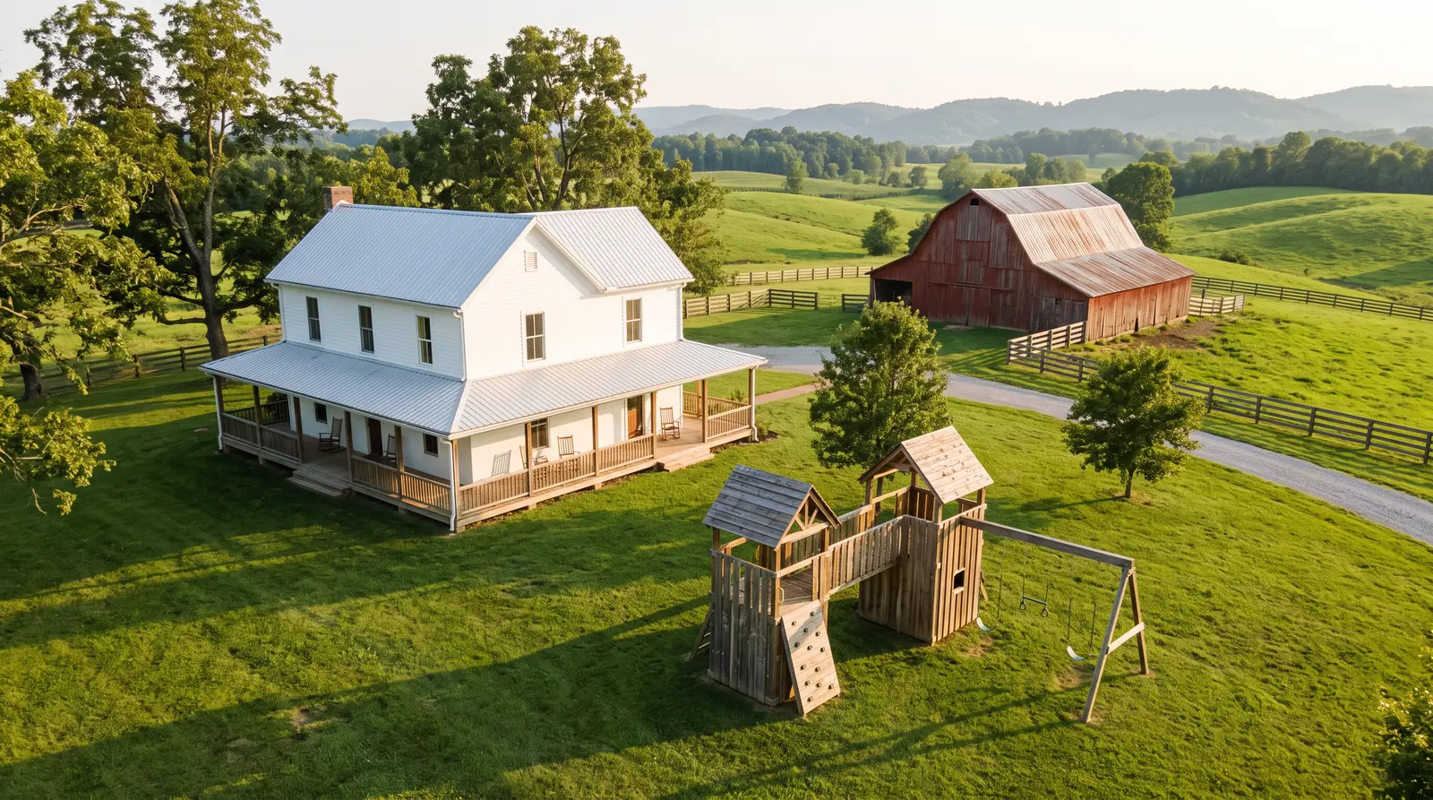 A white farmhouse with a wraparound porch and a red barn on rolling green Tennessee farmland in golden light, with a rustic cedar play fort and swing beam in the yard