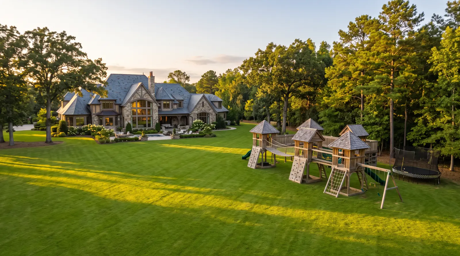 Estate Lawn With a Grand Play Complex | Music City Playgrounds A large luxury estate home with a sweeping green lawn at golden hour and a grand multi-tower cedar play complex with a rope bridge, climbing features and a trampoline at the edge of the lawn