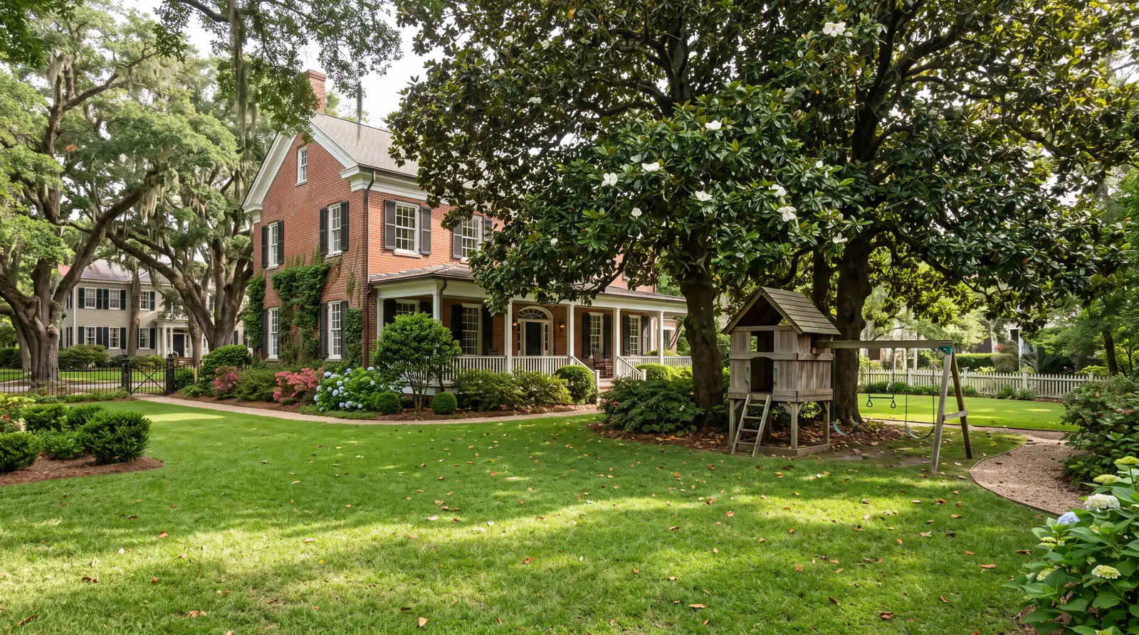 A beautifully kept historic red brick Southern home with a small wooden play fort and swings tucked beside magnolia trees in a deep back garden, quiet tree-lined street