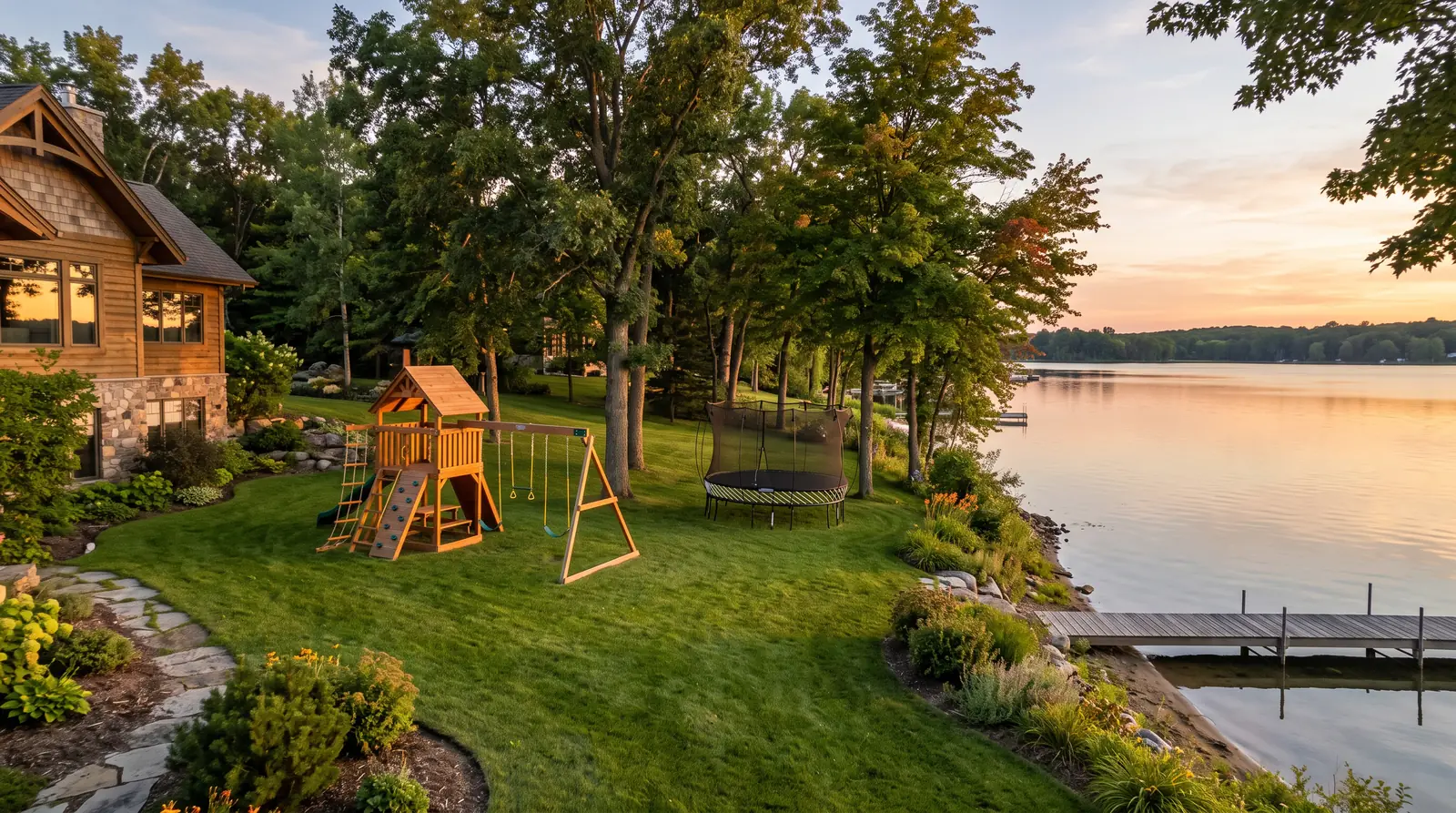 Lake House Yard With a Dockside Playset | Music City Playgrounds A stunning lake house yard sloping to a wooden dock at sunset with a large cedar playset, swings and a trampoline on the lawn, calm water behind