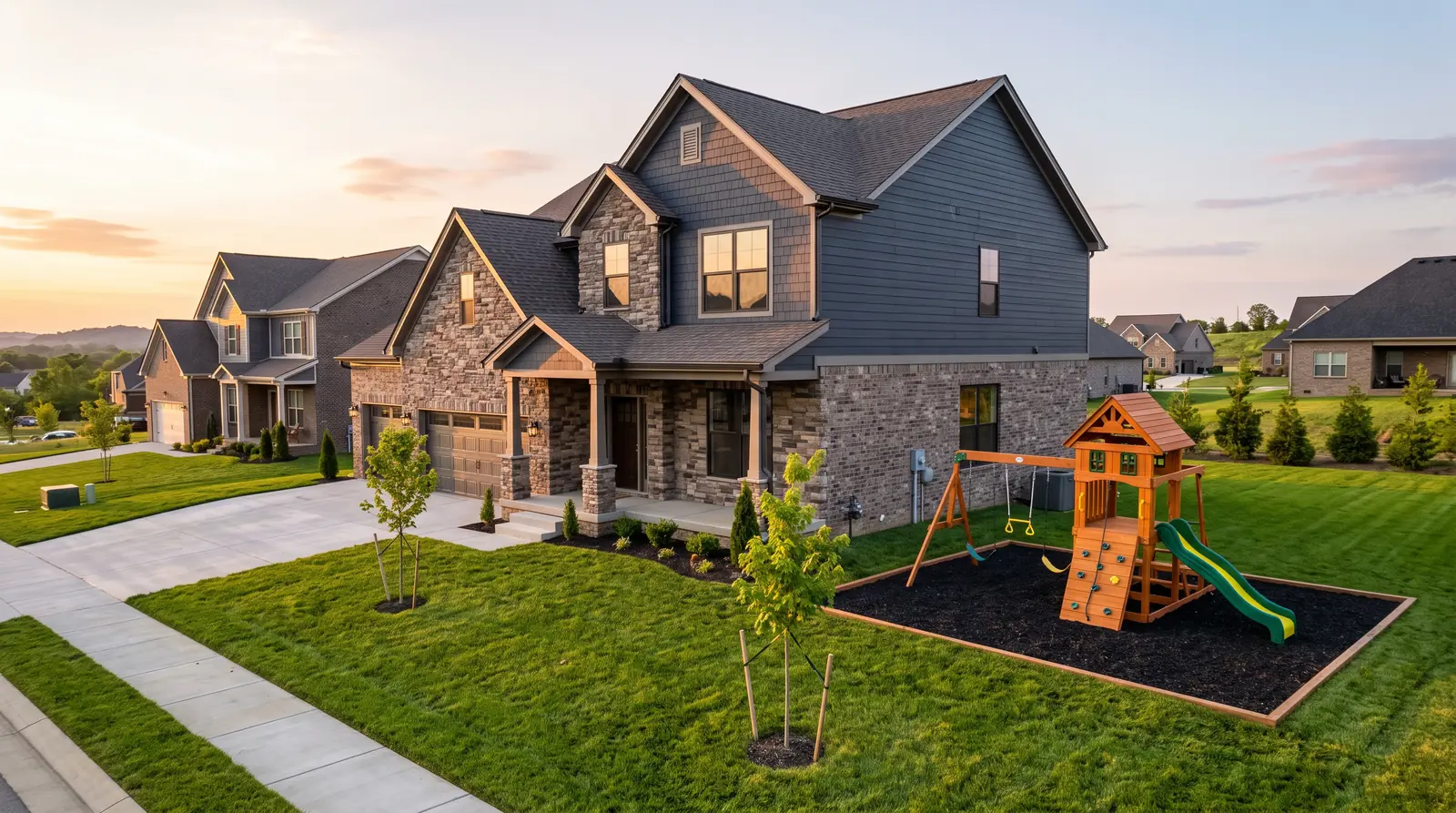 A newer two-story stone and siding home in a new Tennessee neighborhood with fresh sod and young trees and a brand-new playset with a slide on a fresh rubber mulch pad, warm evening light