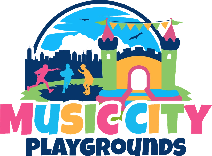 Music City Playgrounds, Nashville TN Music City Playgrounds logo with a colorful bounce castle, Nashville skyline, rainbow arch and bright playful lettering