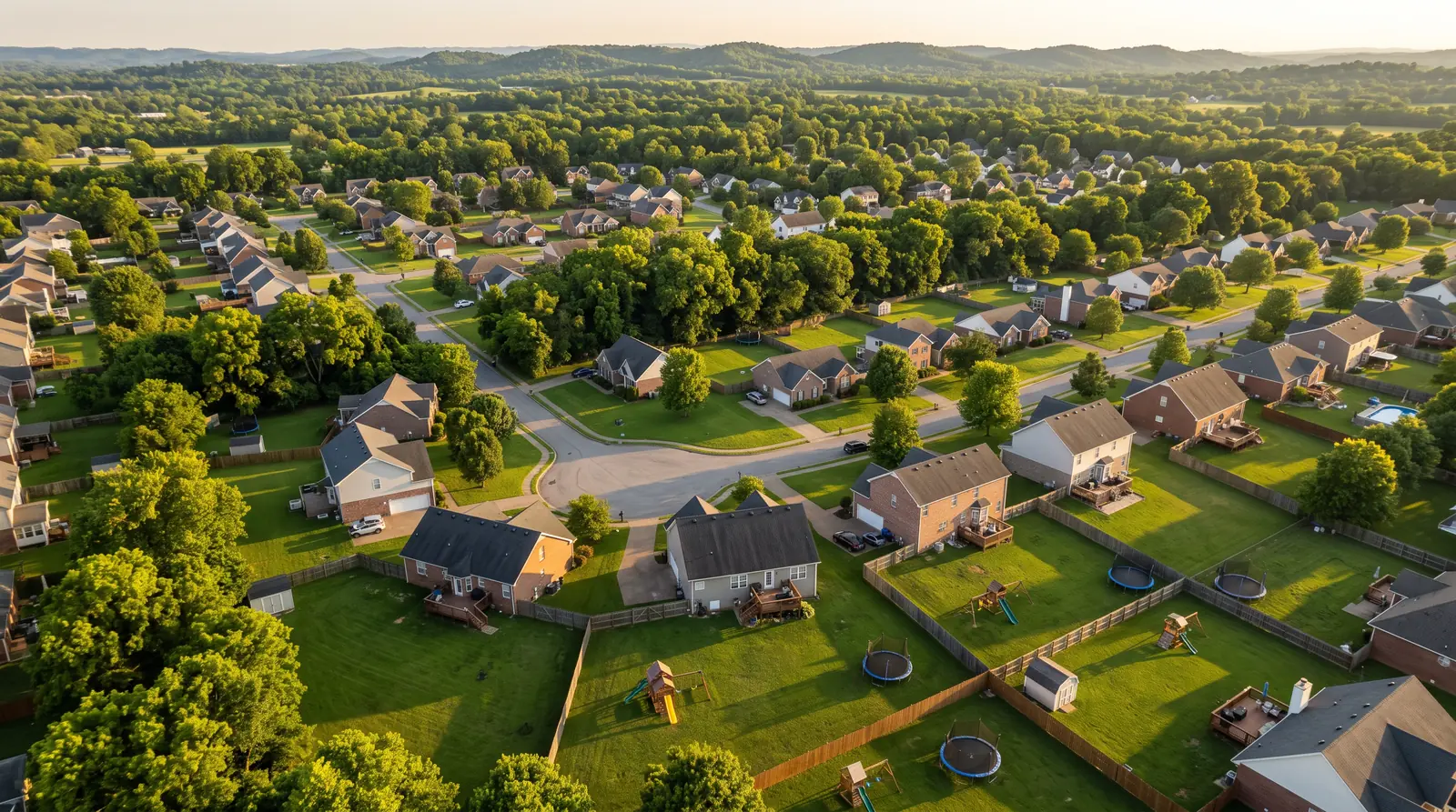 An aerial view over a green Middle Tennessee neighborhood at golden hour showing brick and siding homes, mature trees, rolling hills in the distance and several backyard playsets and trampolines visible in the yards