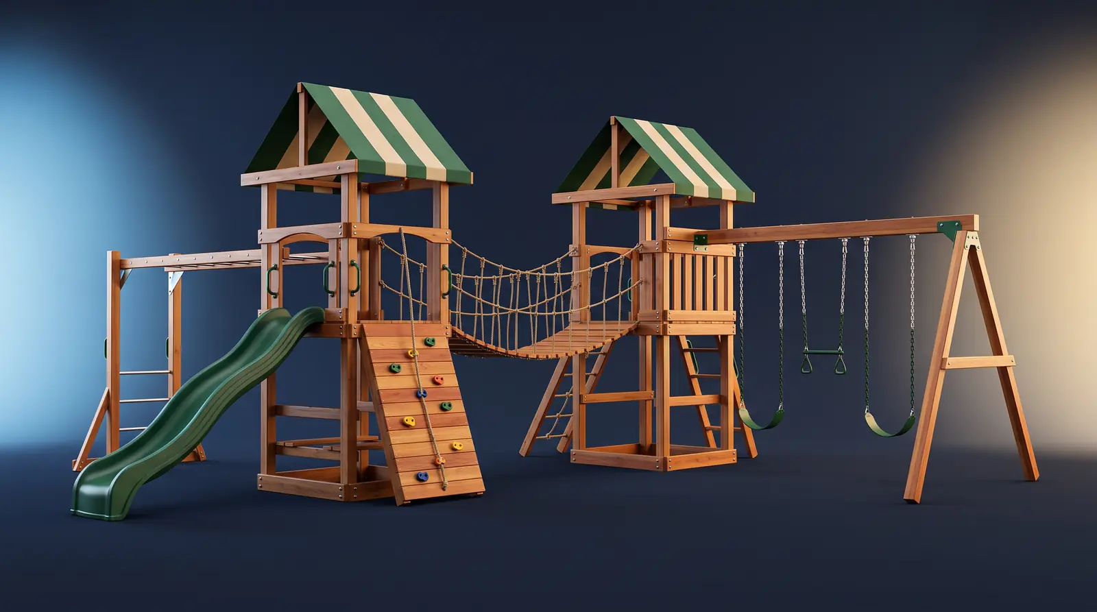 Cutaway of a Custom Playground Design | Music City Playgrounds A detailed 3D render of a custom wooden playground structure with two towers joined by a rope bridge, a canopy roof, a wavy slide, a rock wall, monkey bars and a swing beam, floating on a dark navy background
