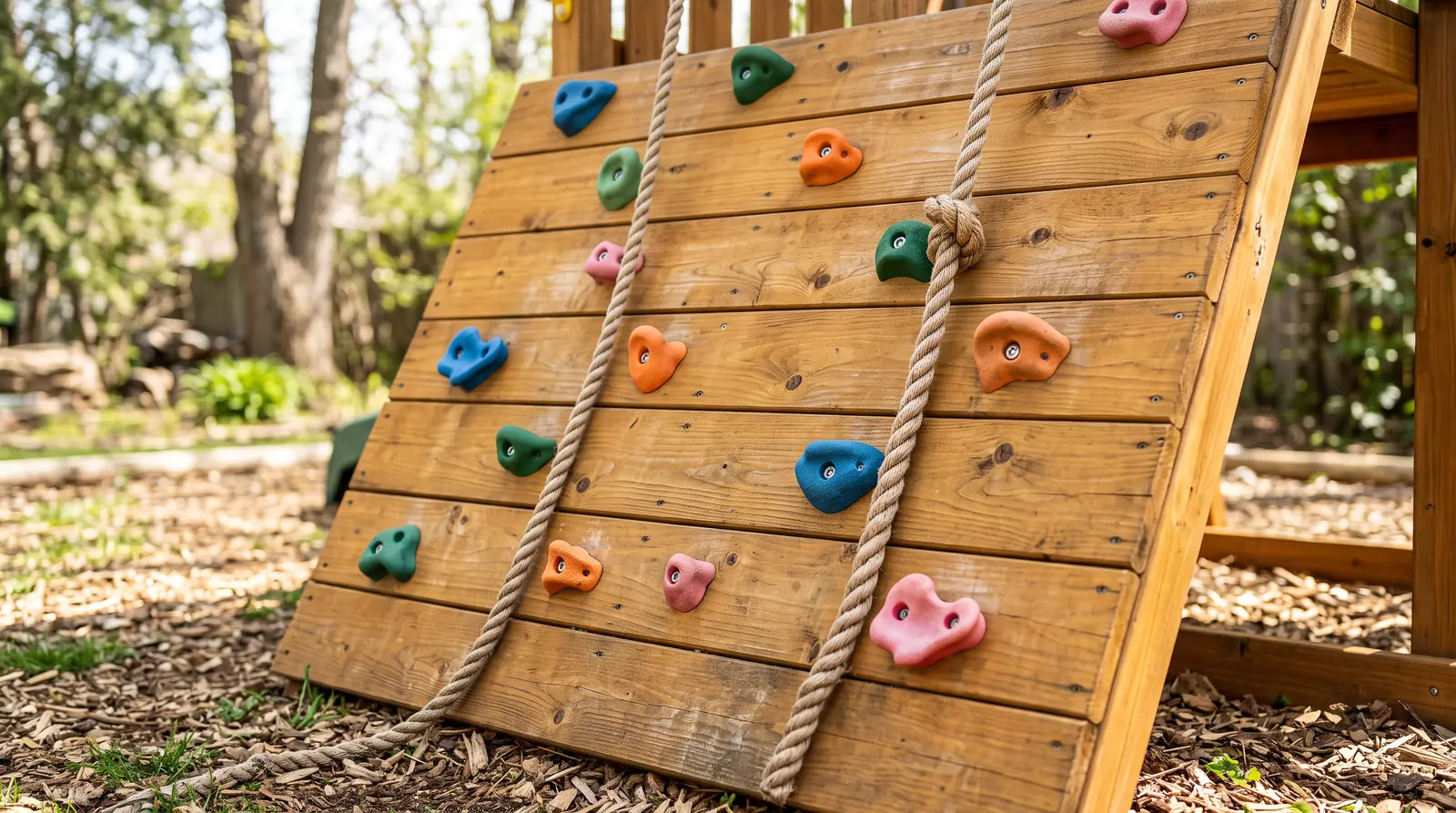 A playset rock climbing wall with colorful textured holds in blue, green, orange and pink on a cedar frame, a rope hanging alongside, bright natural light, shallow depth of field
