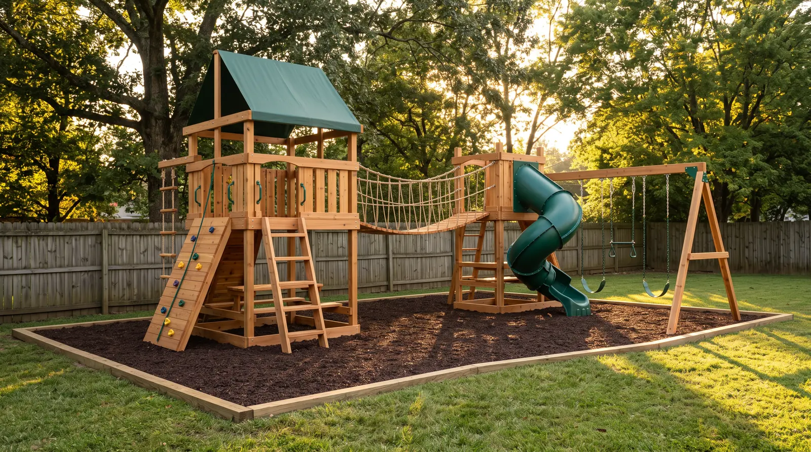 Custom Cedar Playset at Golden Hour | Music City Playgrounds A stunning custom cedar backyard playset with a two-story fort, a canopy roof, a curved slide, a climbing wall, a row of swings and a rope bridge, on a fresh rubber mulch surface in a green Nashville backyard at golden hour, long warm shadows, a wooden privacy fence and mature trees behind, calm empty yard
