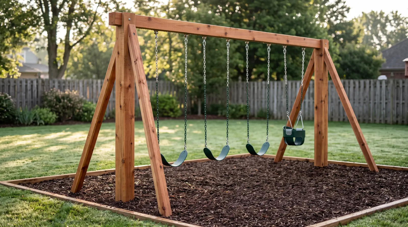 A sturdy cedar swing set with three belt swings and one bucket swing hanging still in a neat backyard in soft morning light, fresh mulch beneath, dew on the grass, shallow depth of field on the swing chains