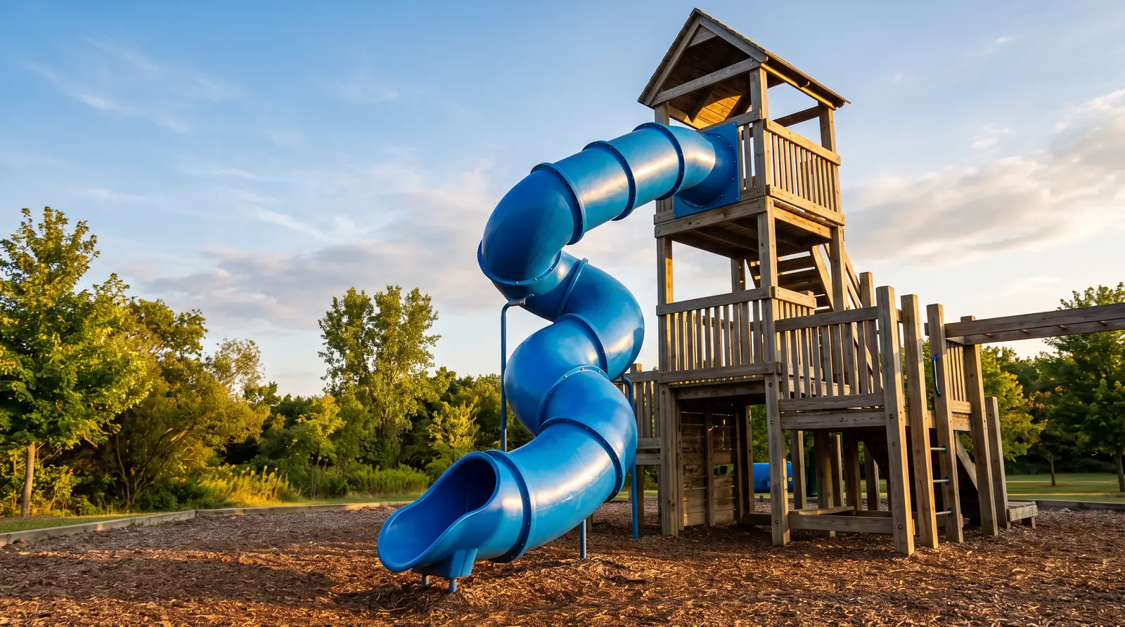 A tall curved tube slide in bright blue plastic attached to a wooden tower, glowing in warm afternoon sun, mulch below, blue sky with soft clouds