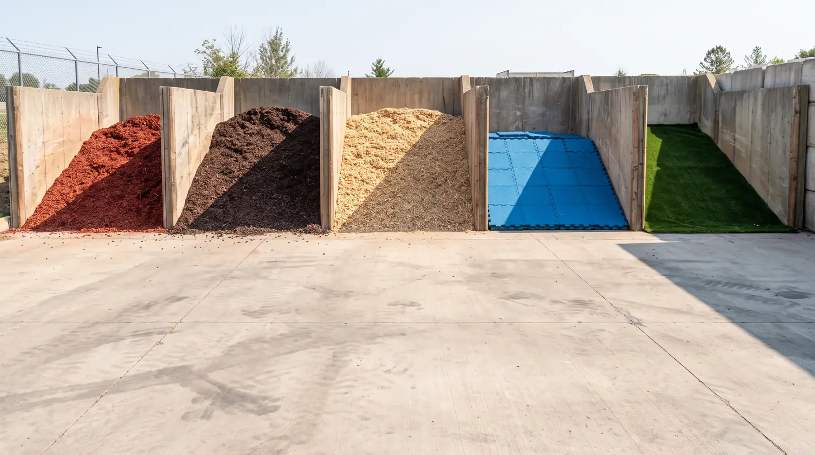 Five open bins of playground surfacing materials side by side on a clean concrete pad: red rubber mulch, brown rubber mulch, engineered wood fiber, bright blue rubber tiles and a square of green turf, bright daylight