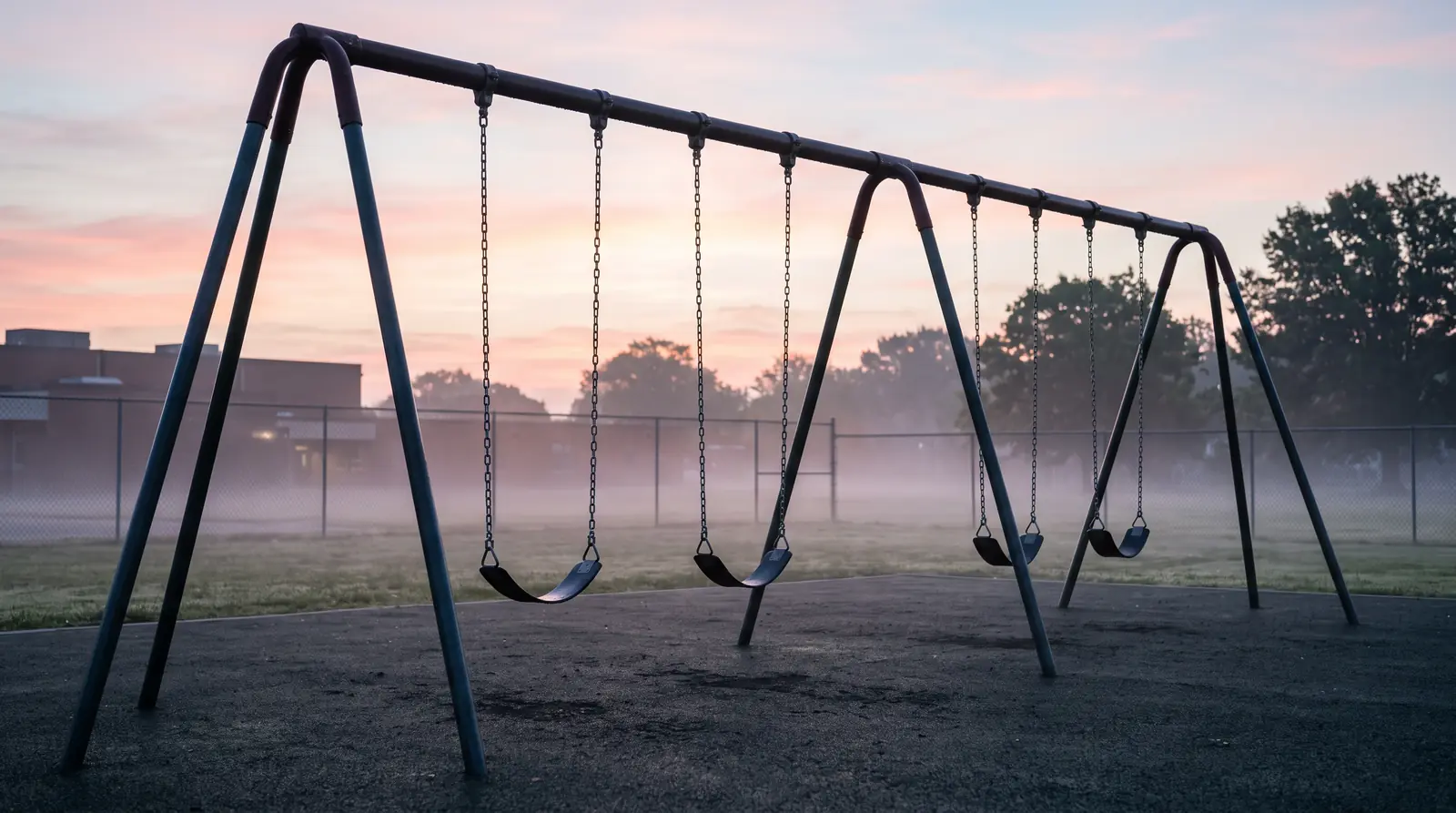 Row of Swings at Dawn | Music City Playgrounds A row of five commercial-grade belt swings with powder-coated steel frames on a school playground at dawn, soft pink light, rubber surfacing, mist low on the ground
