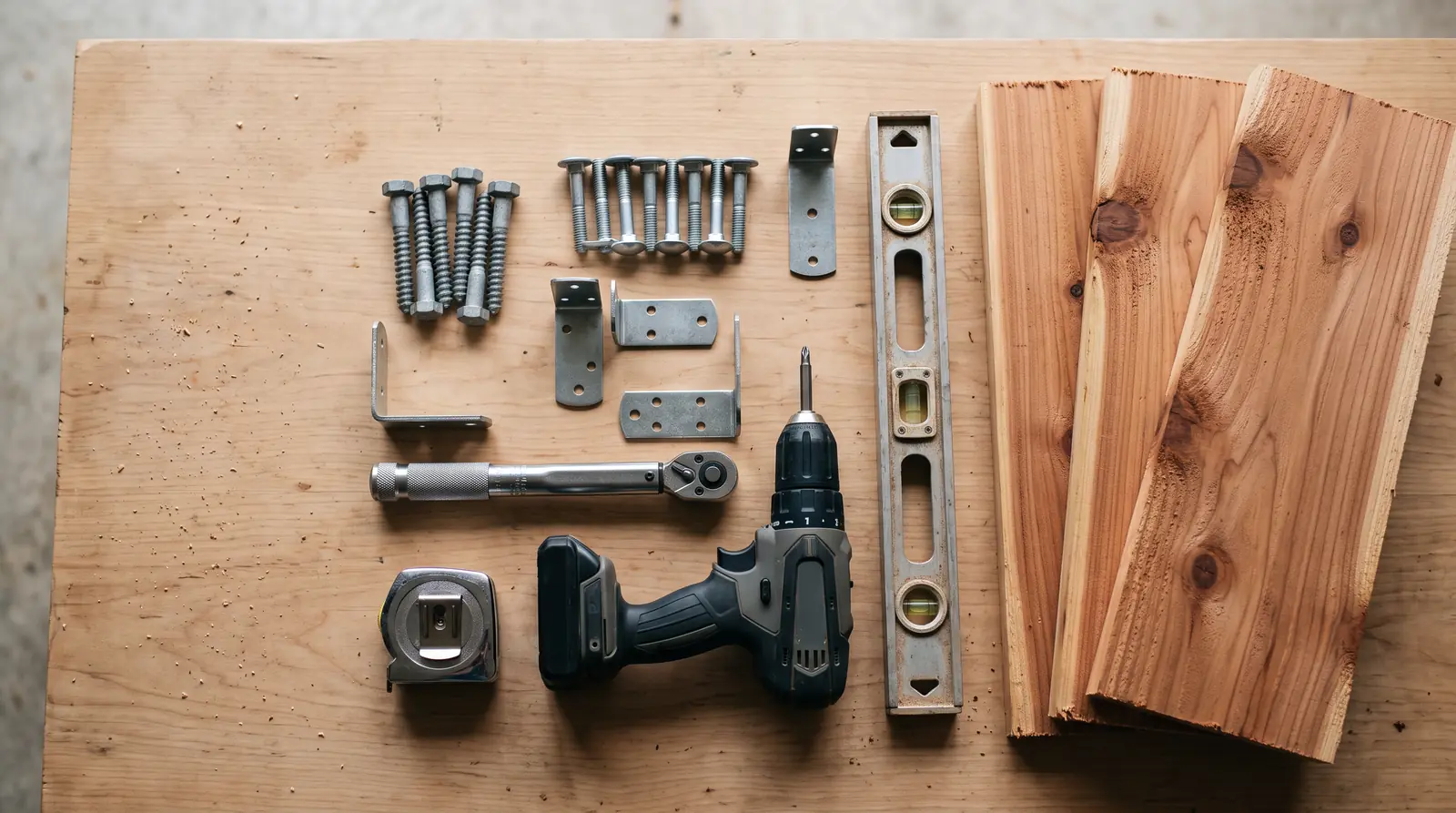 Hardware and Tools Laid Out for a Playset Build | Music City Playgrounds A neat flat-lay on a clean workbench of galvanized lag bolts, carriage bolts, brackets, a torque wrench, a drill, a level and a tape measure beside a few cedar boards, soft overhead light, shallow depth of field