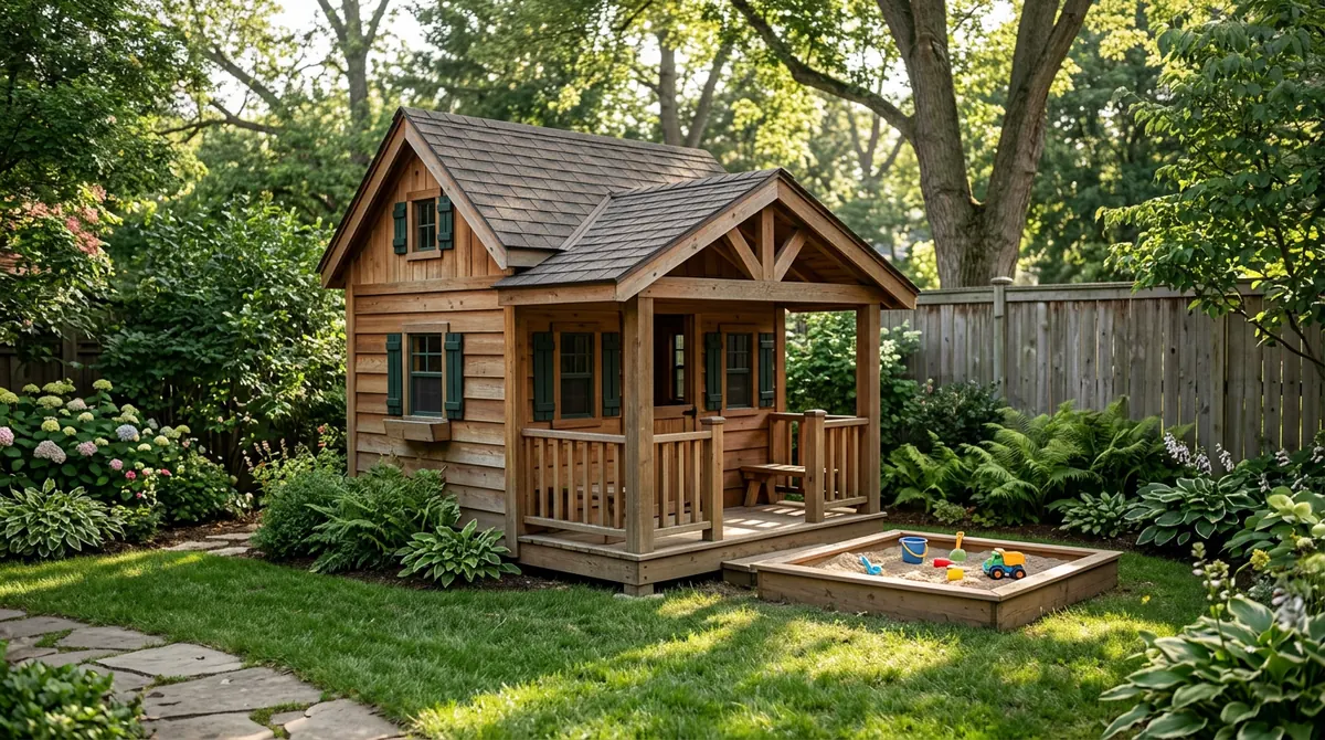 A wooden playhouse with a covered porch beside a small sandbox in a garden