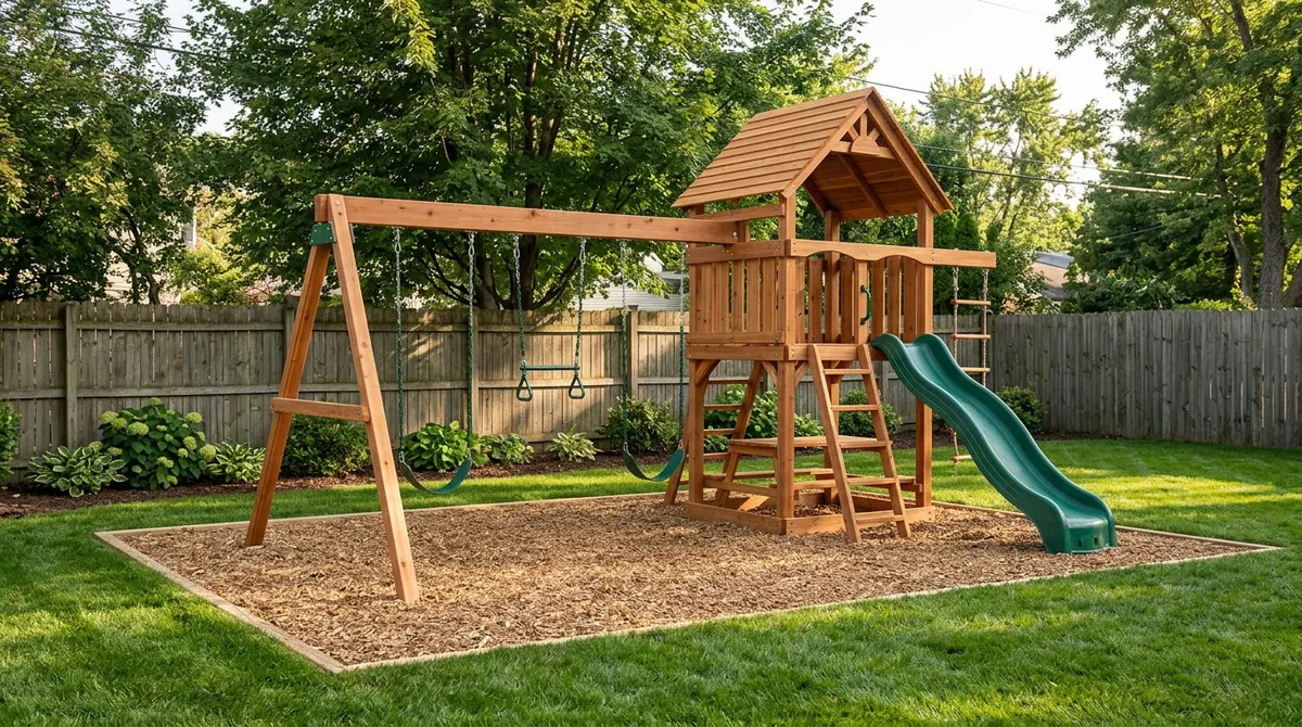 A cedar swing set with a fort and a slide in a tidy backyard with a fence behind