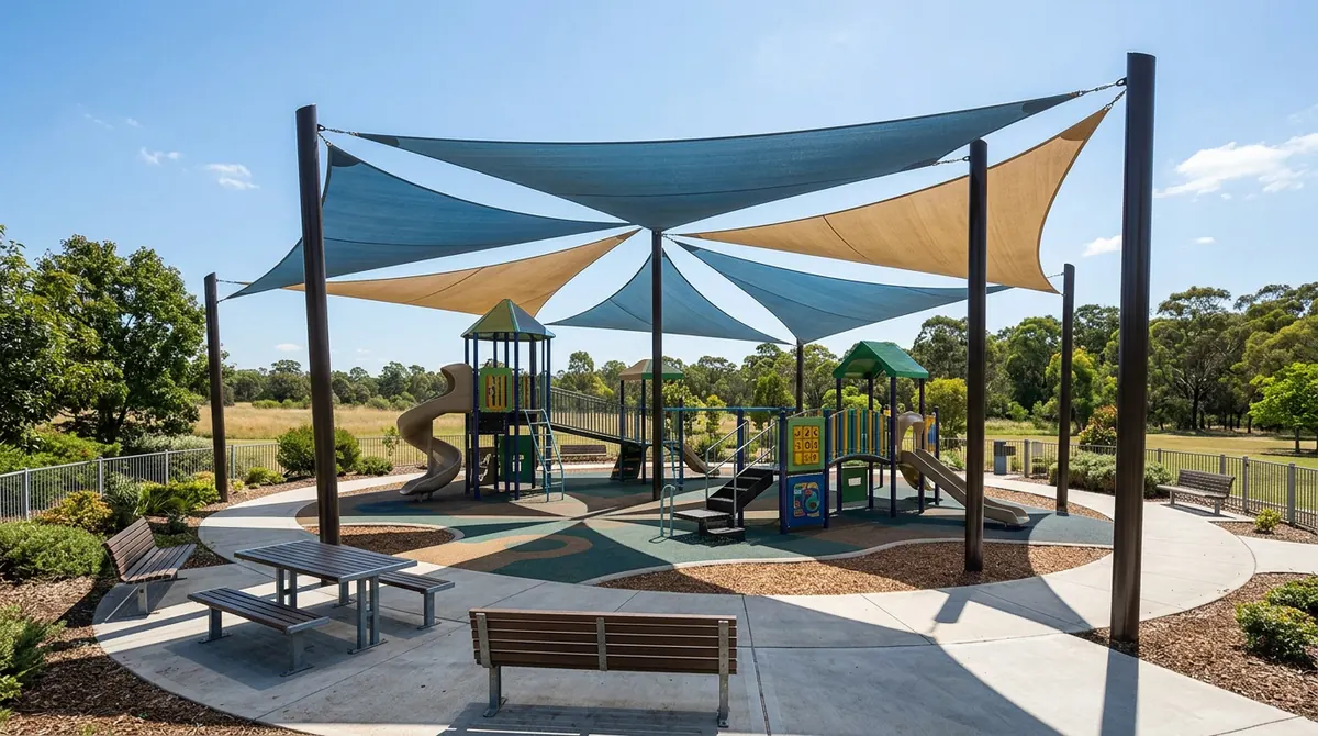A commercial play area with large shade sails, benches and a picnic table, bright day, empty