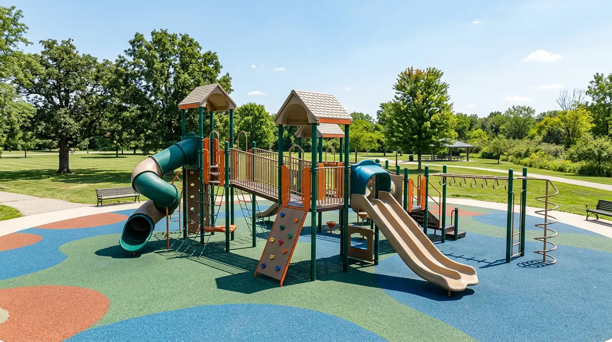 A commercial play structure with slides and climbers on rubber surfacing at a park, bright light, empty