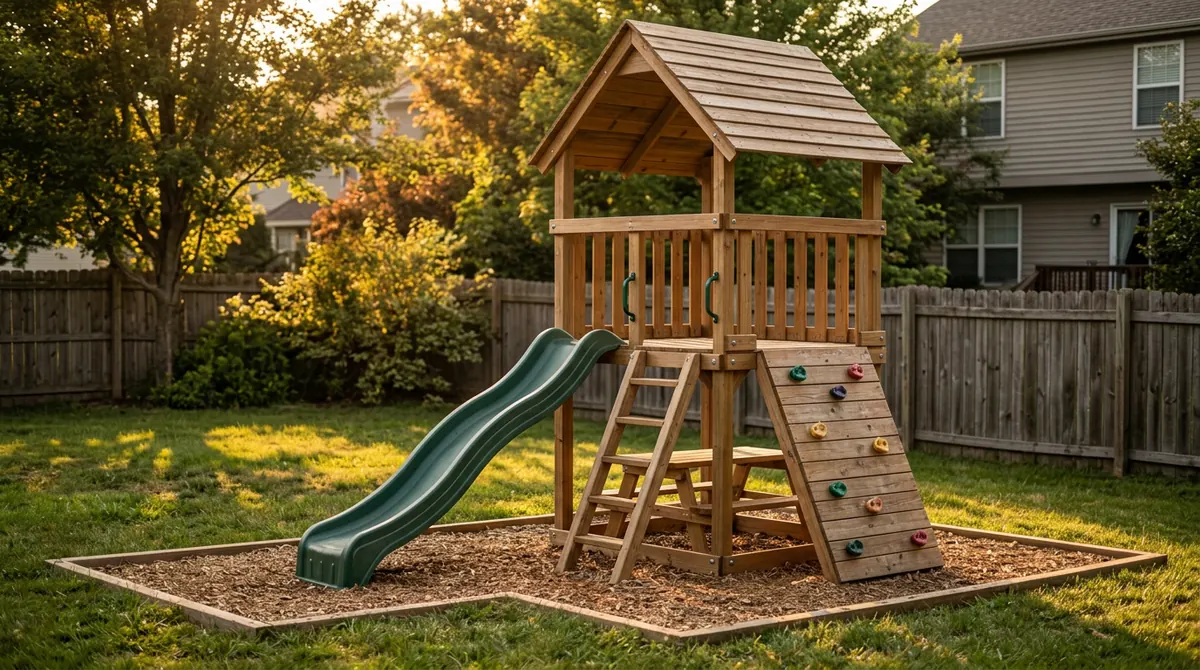 A wooden play tower with a roof, a slide and a climbing wall in a backyard at golden hour