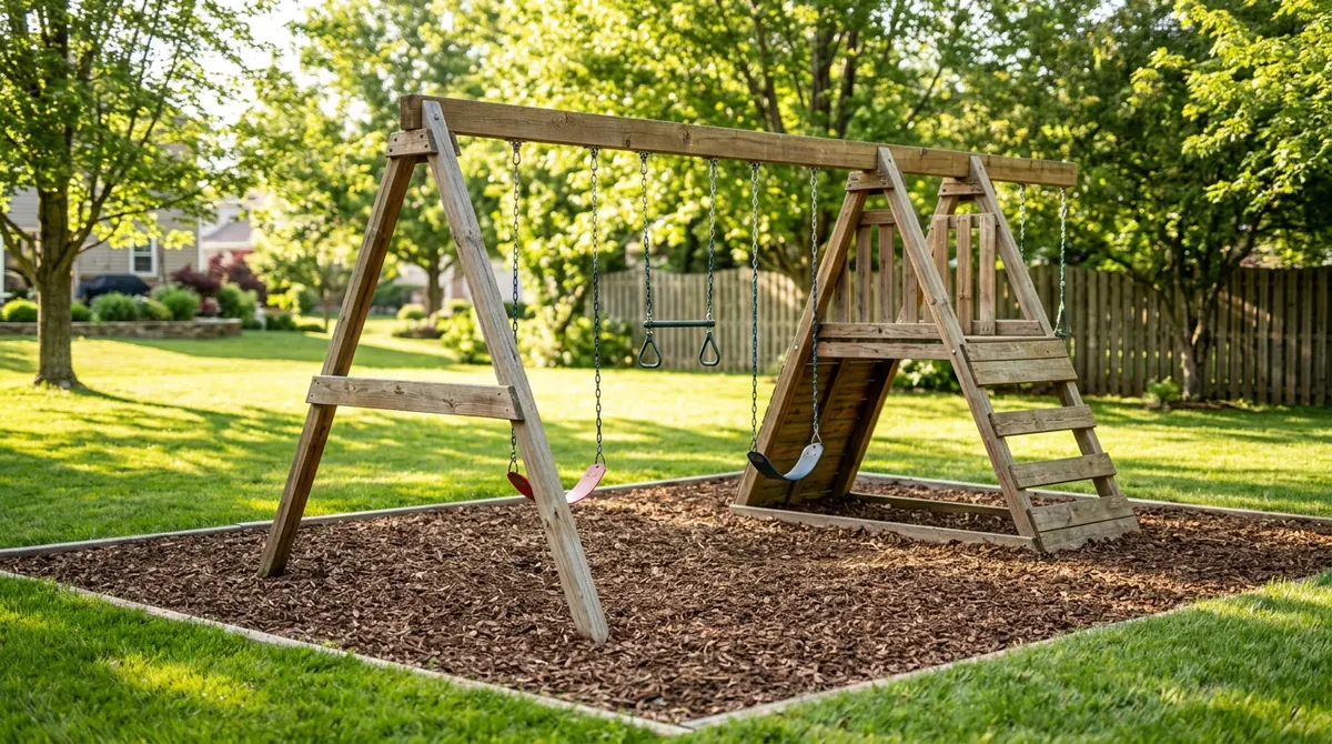 A wooden swing set with a beam, two swings and a trapeze on a mulch bed in a sunny backyard