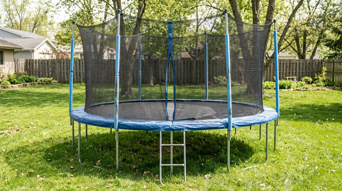 Backyard Trampolines | Music City Playgrounds A large backyard trampoline with a net and padded poles in bright daylight