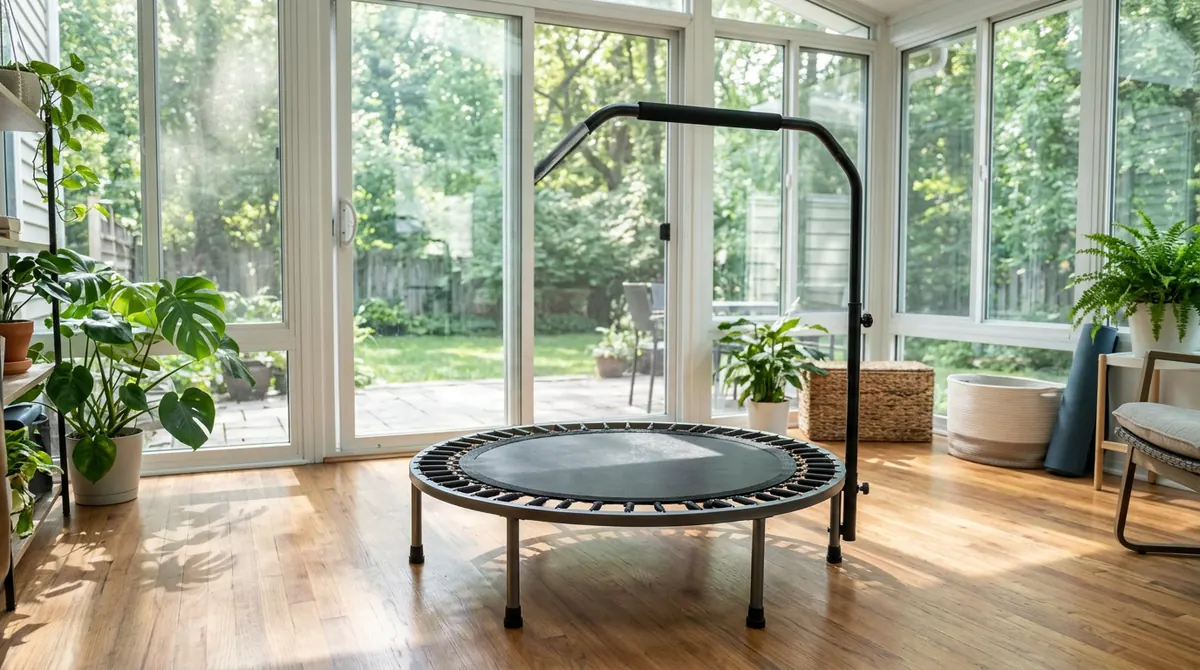 Fitness Trampolines | Music City Playgrounds A small round fitness trampoline with a handlebar on a bright sunroom floor, no people